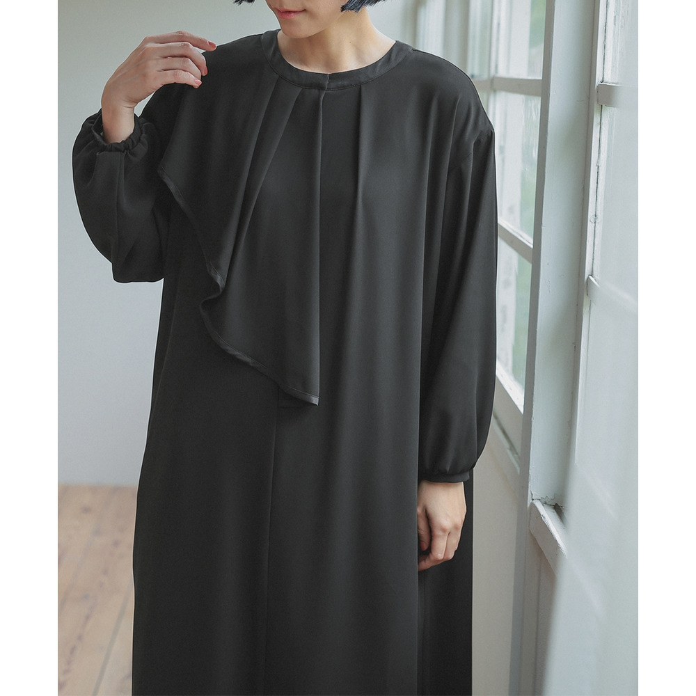 【喪服・礼服】日本製生地使用 洗える防しわアシメドレープサテン切替前開きデザインワンピース 大きいサイズ Neina16