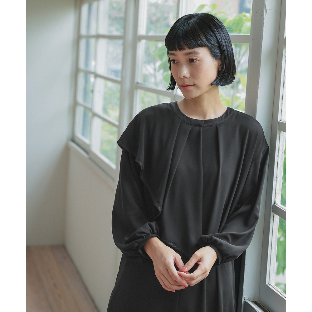 【喪服・礼服】日本製生地使用 洗える防しわアシメドレープサテン切替前開きデザインワンピース 大きいサイズ Neina17