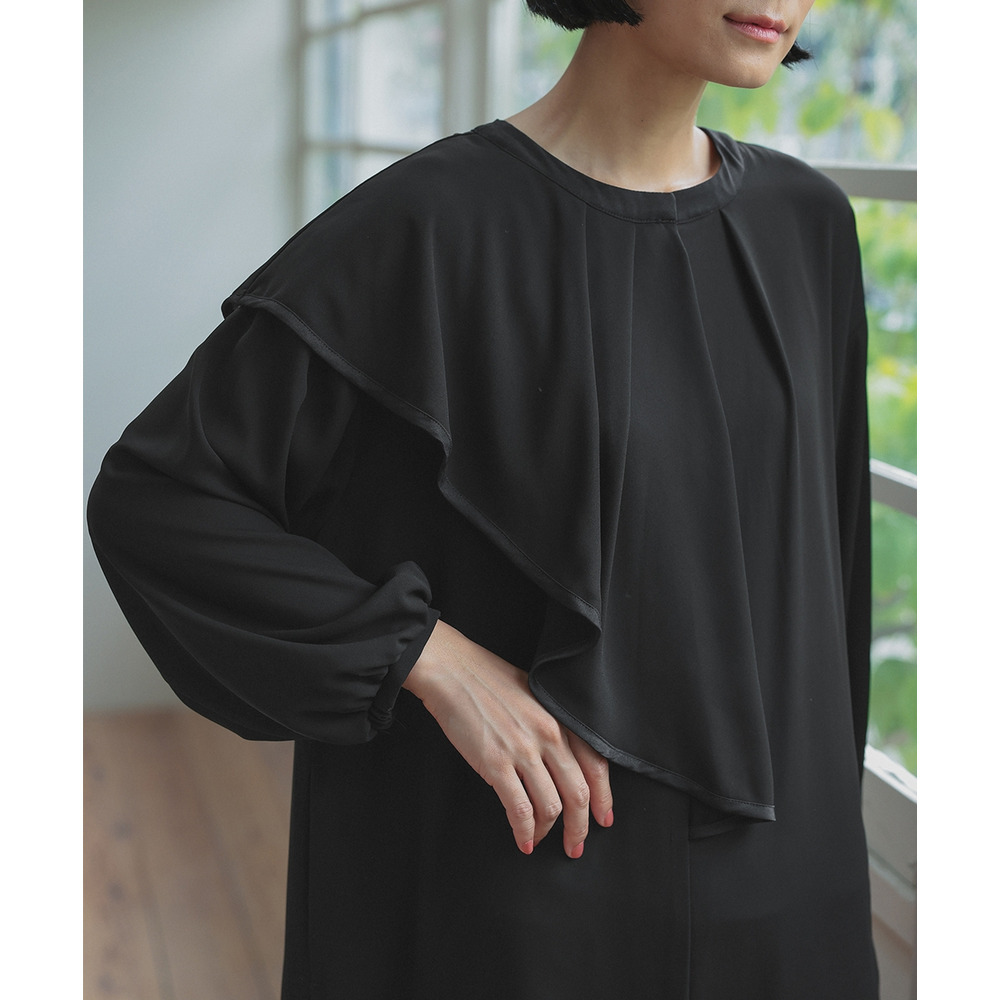 【喪服・礼服】日本製生地使用 洗える防しわアシメドレープサテン切替前開きデザインワンピース 大きいサイズ Neina18