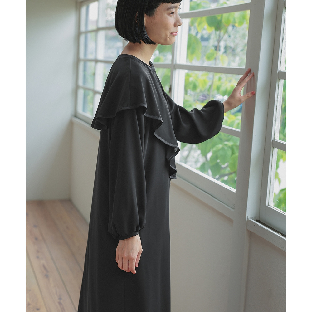 【喪服・礼服】日本製生地使用 洗える防しわアシメドレープサテン切替前開きデザインワンピース 大きいサイズ Neina19