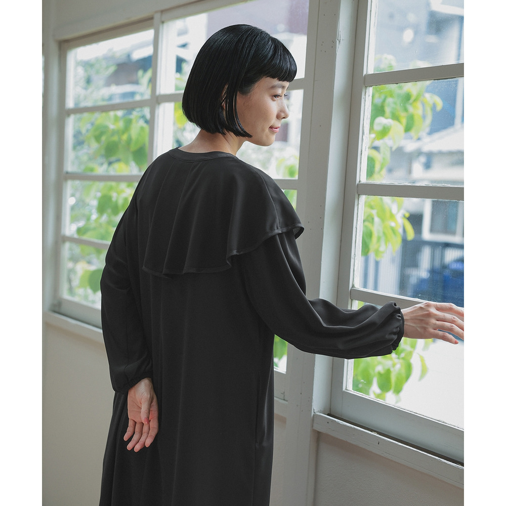 【喪服・礼服】日本製生地使用 洗える防しわアシメドレープサテン切替前開きデザインワンピース 大きいサイズ Neina20