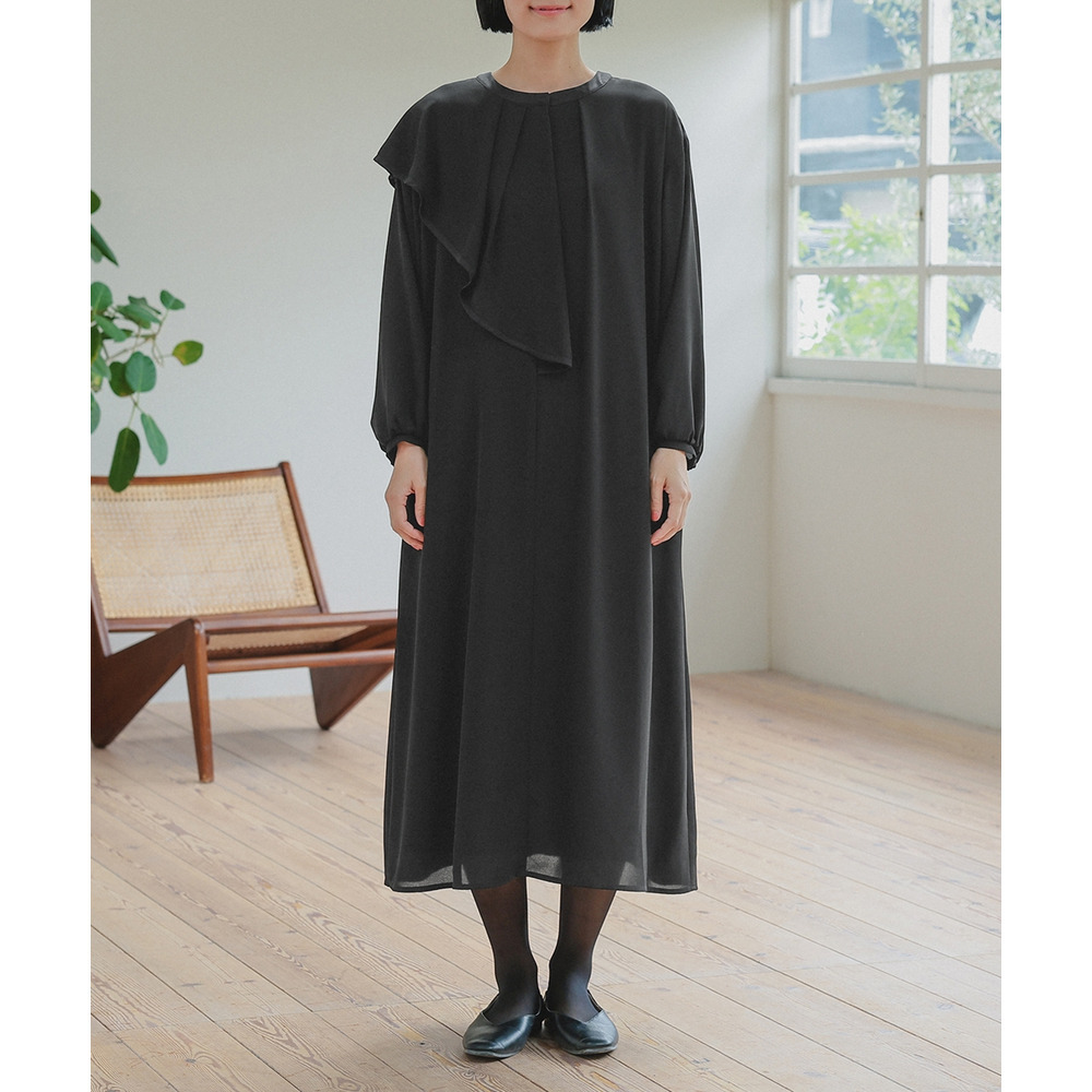 【喪服・礼服】日本製生地使用 洗える防しわアシメドレープサテン切替前開きデザインワンピース 大きいサイズ Neina21