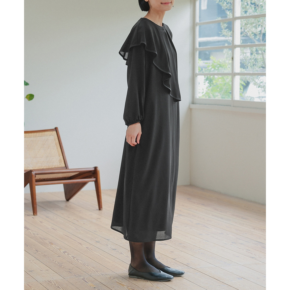 【喪服・礼服】日本製生地使用 洗える防しわアシメドレープサテン切替前開きデザインワンピース 大きいサイズ Neina22