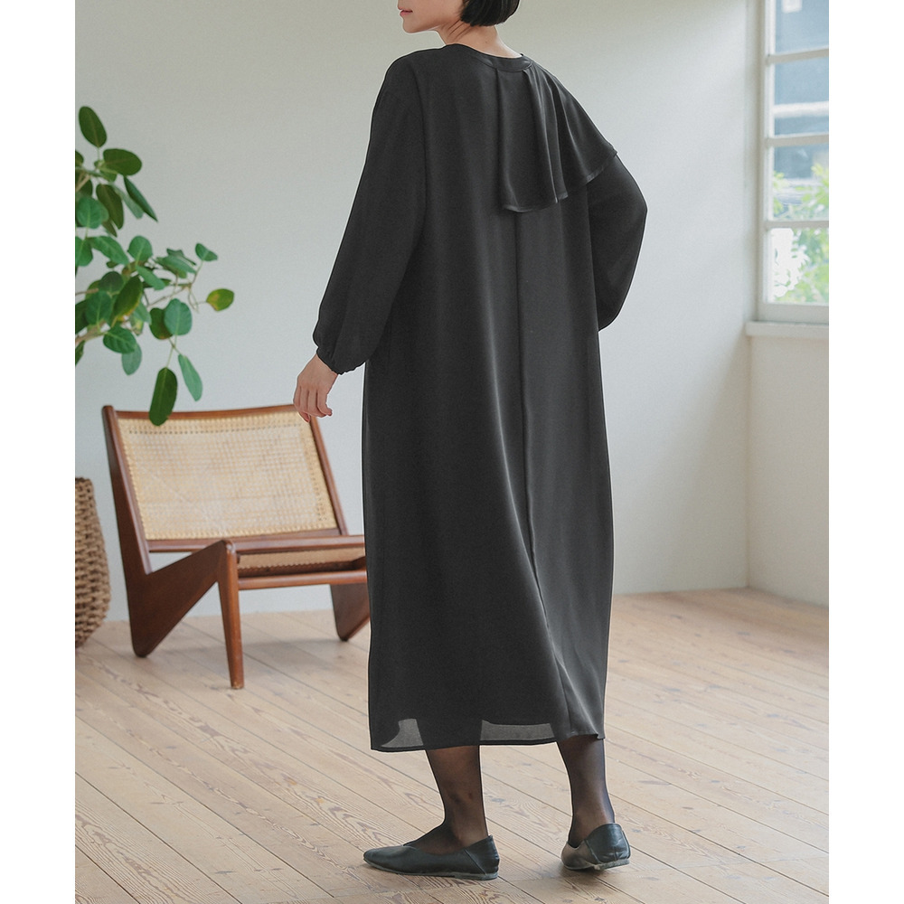 【喪服・礼服】日本製生地使用 洗える防しわアシメドレープサテン切替前開きデザインワンピース 大きいサイズ Neina23