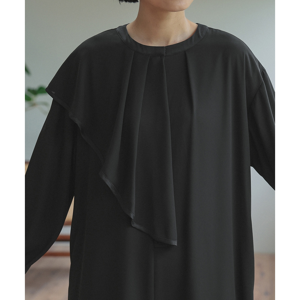 【喪服・礼服】日本製生地使用 洗える防しわアシメドレープサテン切替前開きデザインワンピース 大きいサイズ Neina24