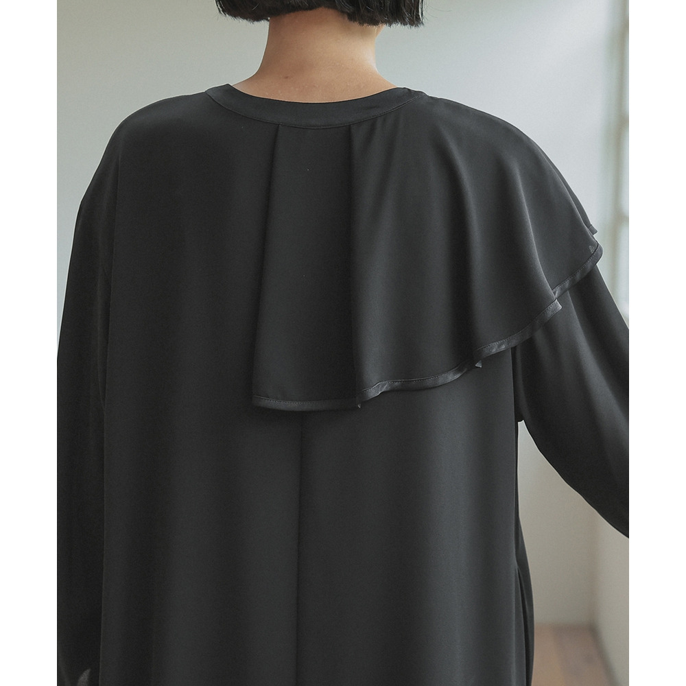 【喪服・礼服】日本製生地使用 洗える防しわアシメドレープサテン切替前開きデザインワンピース 大きいサイズ Neina25