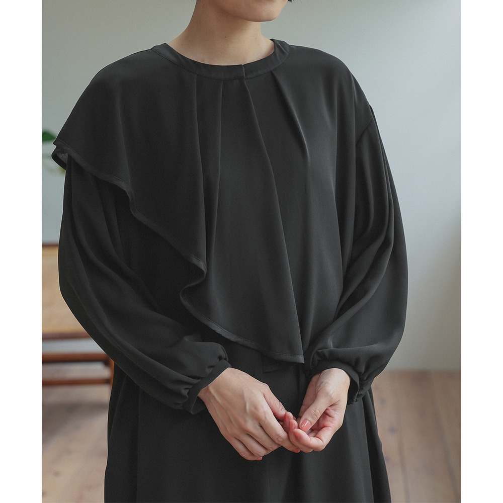 【喪服・礼服】日本製生地使用 洗える防しわアシメドレープサテン切替前開きデザインワンピース 大きいサイズ Neina26