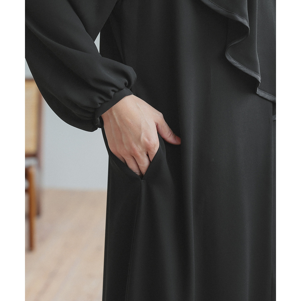 【喪服・礼服】日本製生地使用 洗える防しわアシメドレープサテン切替前開きデザインワンピース 大きいサイズ Neina27