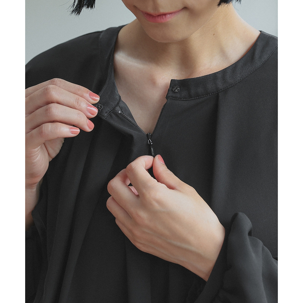 【喪服・礼服】日本製生地使用 洗える防しわアシメドレープサテン切替前開きデザインワンピース 大きいサイズ Neina28