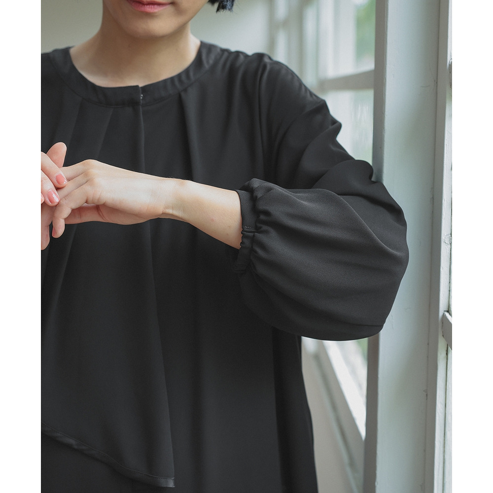 【喪服・礼服】日本製生地使用 洗える防しわアシメドレープサテン切替前開きデザインワンピース 大きいサイズ Neina29