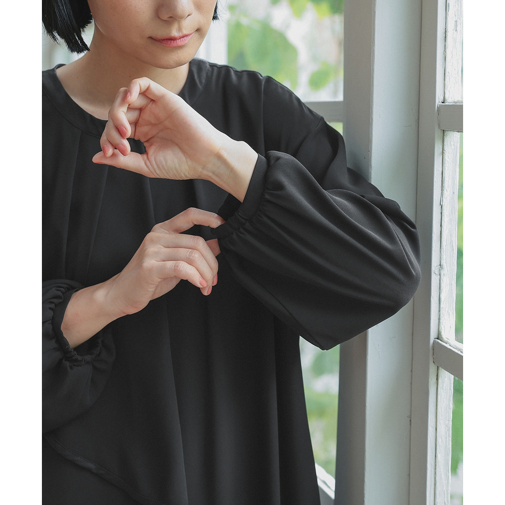 【喪服・礼服】日本製生地使用 洗える防しわアシメドレープサテン切替前開きデザインワンピース 大きいサイズ Neina30