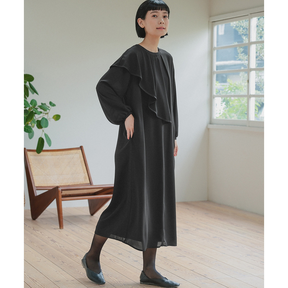 【喪服・礼服】日本製生地使用 洗える防しわアシメドレープサテン切替前開きデザインワンピース 大きいサイズ Neina9