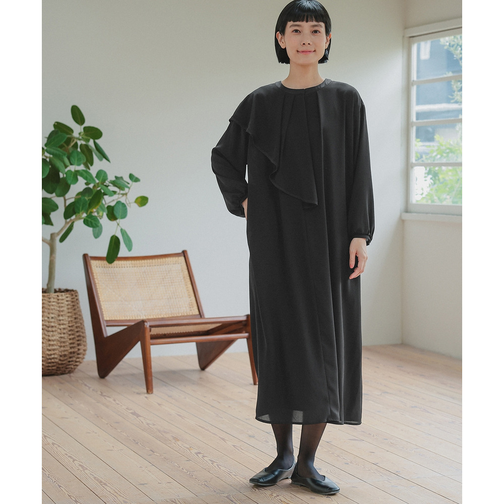 【喪服・礼服】日本製生地使用 洗える防しわアシメドレープサテン切替前開きデザインワンピース 大きいサイズ Neina1