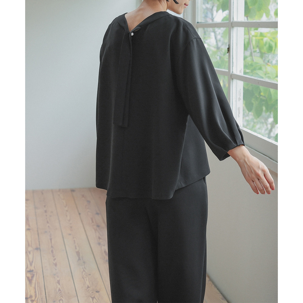 【喪服・礼服】日本製生地使用 洗える防しわバックリボンブラウス+ワイドパンツセットアップスーツ 大きいサイズ Neina18