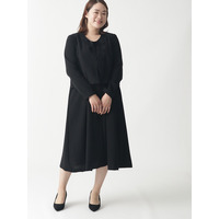 【喪服・礼服】レース衿重ね着風前開きブラックフォーマルワンピース 大きいサイズ