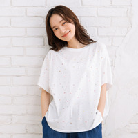 【大きいサイズ】 15号(3L) FONTLAB スプレー風ビジューデコレートワイドTシャツ