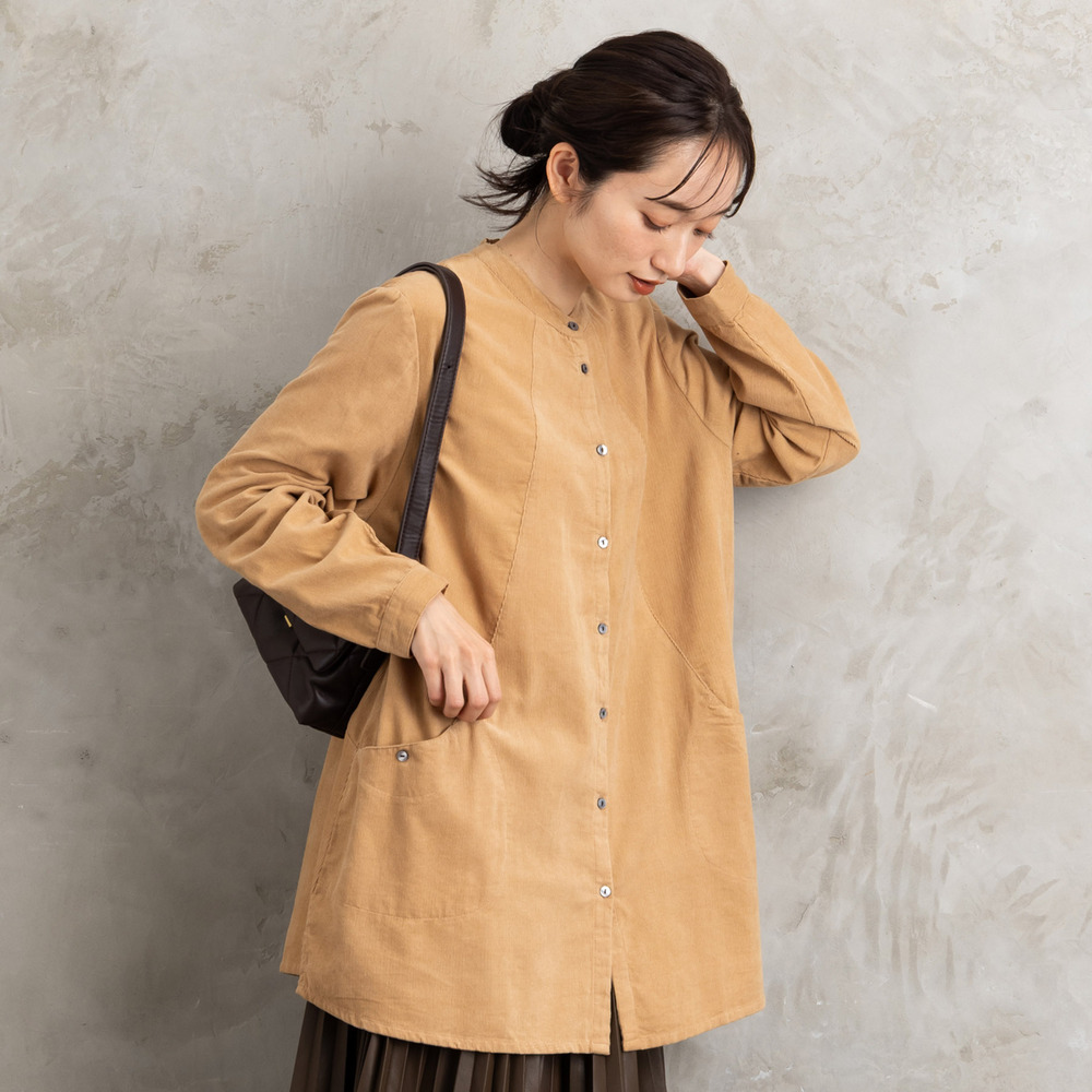 INDESIGN コーデュロイバンドカラーシャツ1