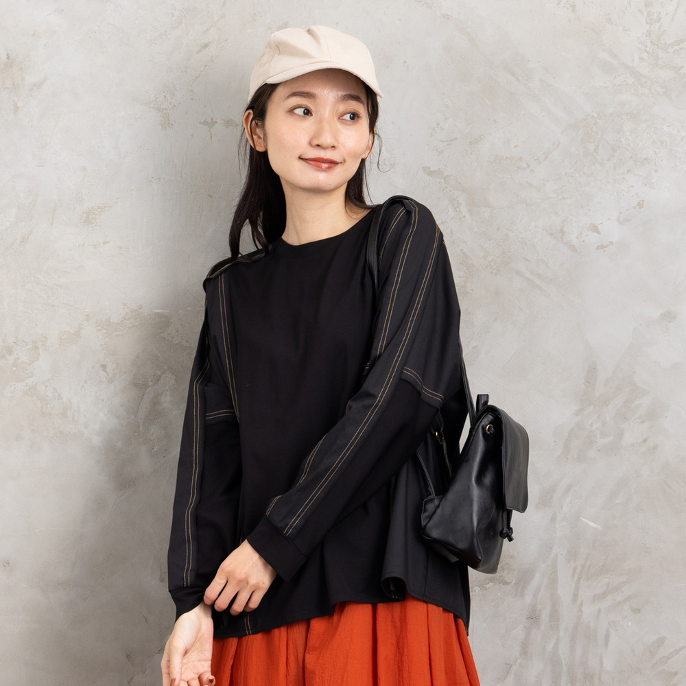 21号(6L~) FONTLAB 布帛コンビ配色ステッチカットソー1