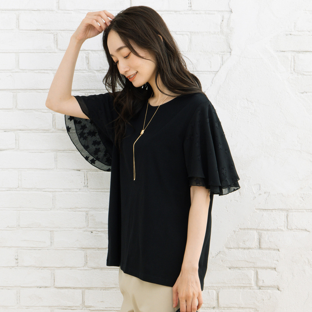 21号(6L～) FONTLAB スタージャカードシフォンスリーブカットソー