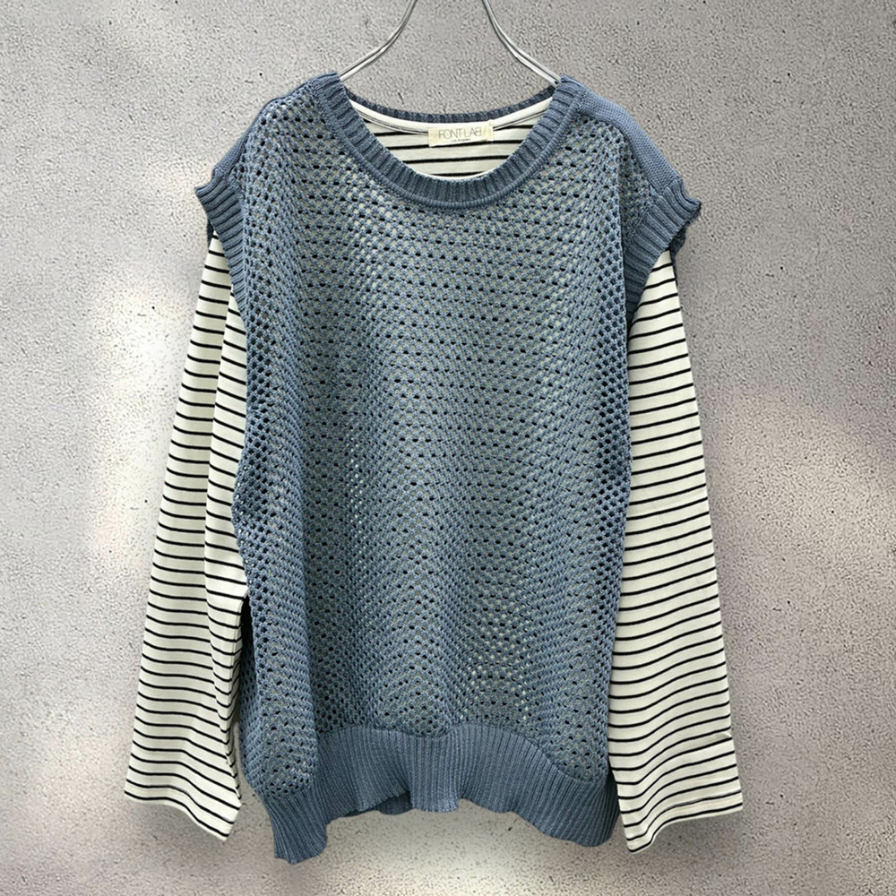 FONTLAB メッシュニットベスト×ボーダーカットソーアンサンブル