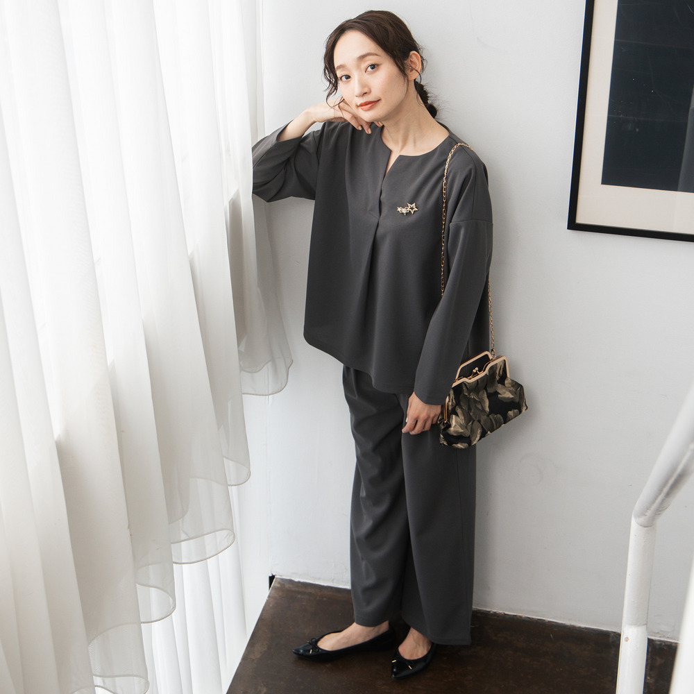 FONTLAB キーネックカットソー×ワイドタックパンツセットアップ3