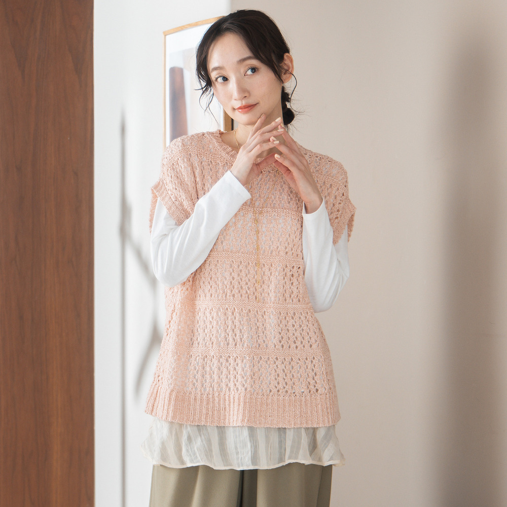 21号(6L～) FONTLAB テープヤーンニットベスト×チェックフリルヘムインナーアンサンブル