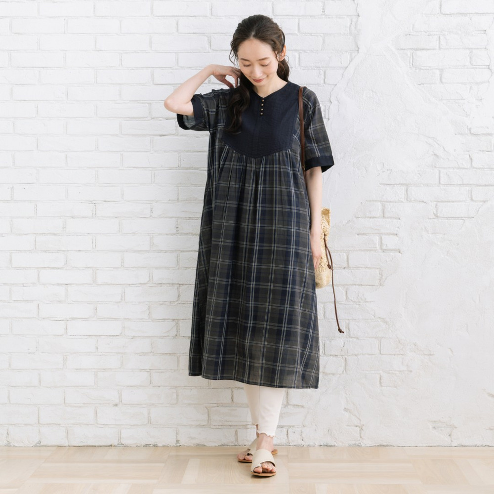 INDESIGN ソリッド×チェックパターンワンピース