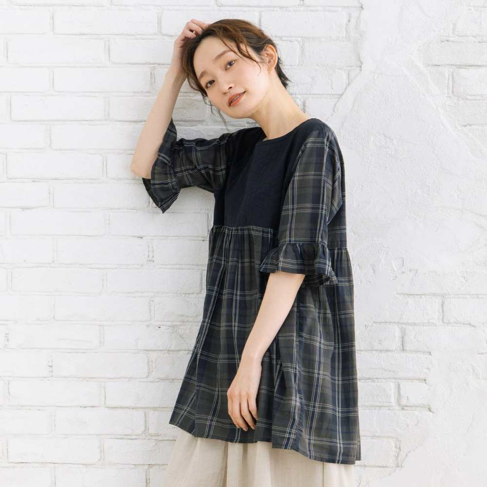 21号(6L～) INDESIGN ソリッド×チェックパターンブラウス【予約販売限定】