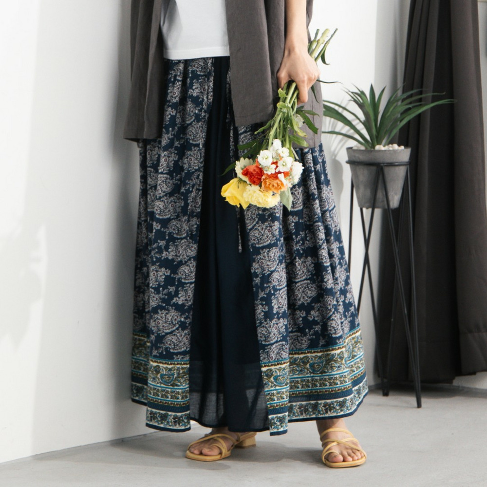 21号(6L～) INDESIGN エスニックプリント切替スカート【予約販売限定】