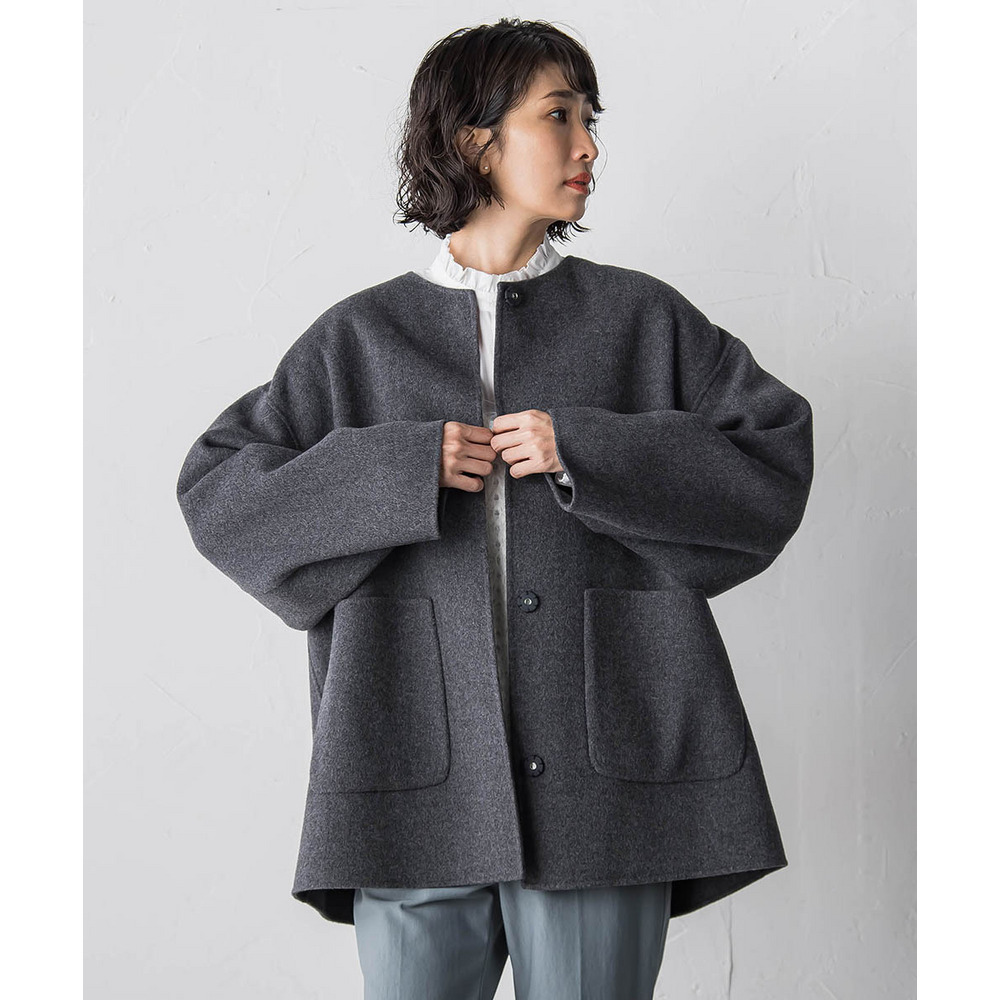 【大きいサイズ】ノーカラーウールリバーコート12