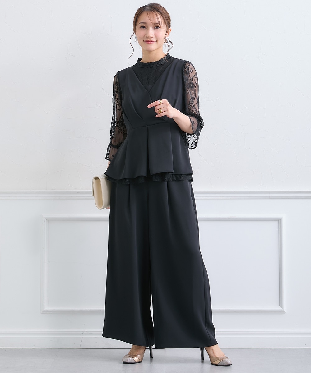 【結婚式・パーティードレス】カシュクールペプラムブラウス＋パンツセットアップ　大きいサイズ
