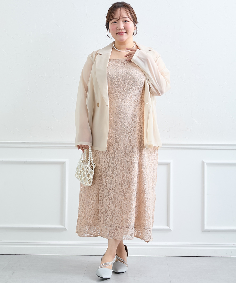 【らめちゃんコラボ】【結婚式・パーティードレス】シアージャケット＋レースアップデザイン総レースキャミワンピースドレス　大きいサイズ