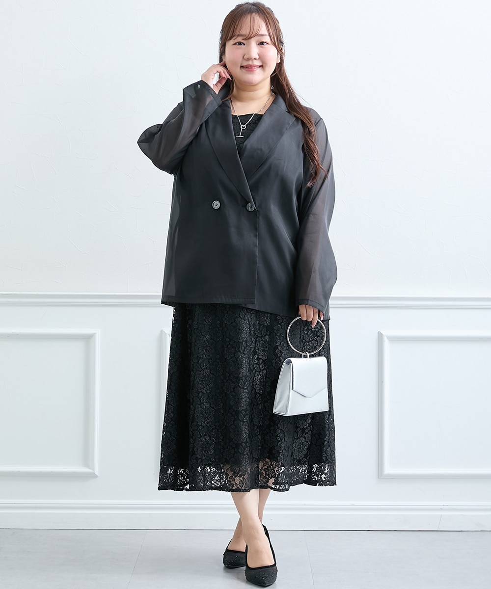 【らめちゃんコラボ】【結婚式・パーティードレス】シアージャケット＋レースアップデザイン総レースキャミワンピースドレス　大きいサイズ