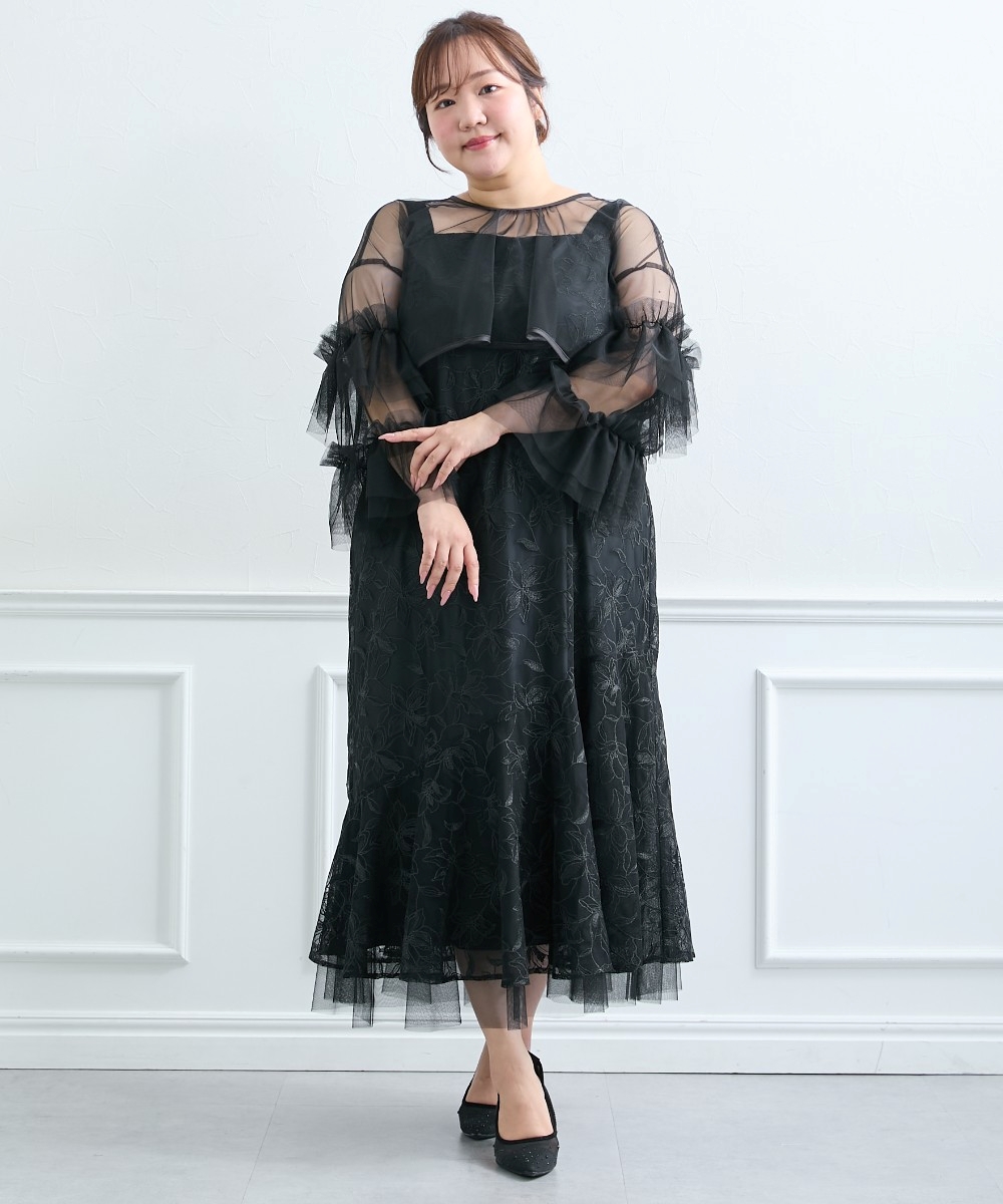 【らめちゃんコラボ】【結婚式・パーティードレス】チュールフリルボレロ＋刺繍切替ワンピースドレス 大きいサイズ