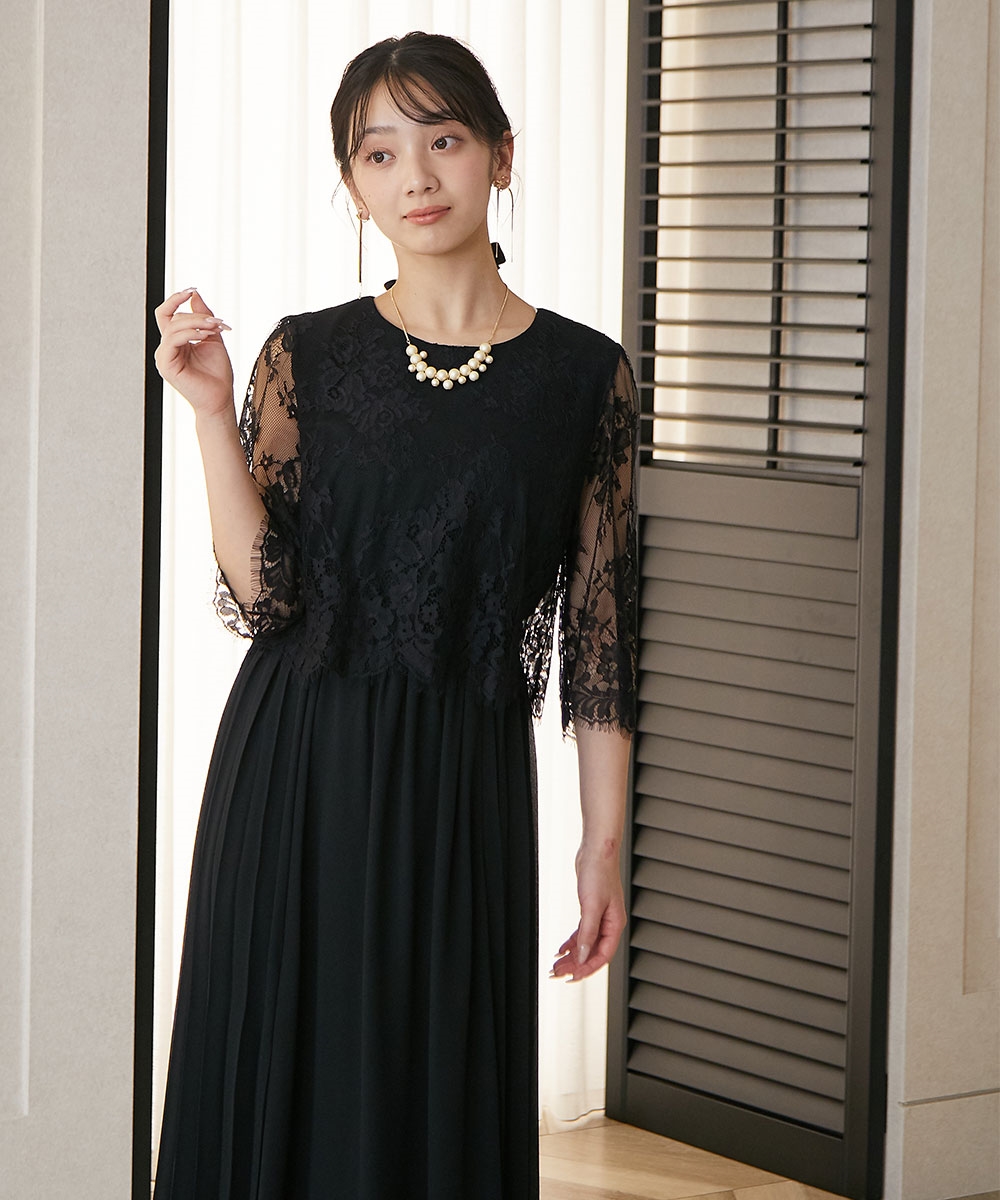 【結婚式・パーティードレス】レース切替サイドプリーツワンピースドレス 大きいサイズ12