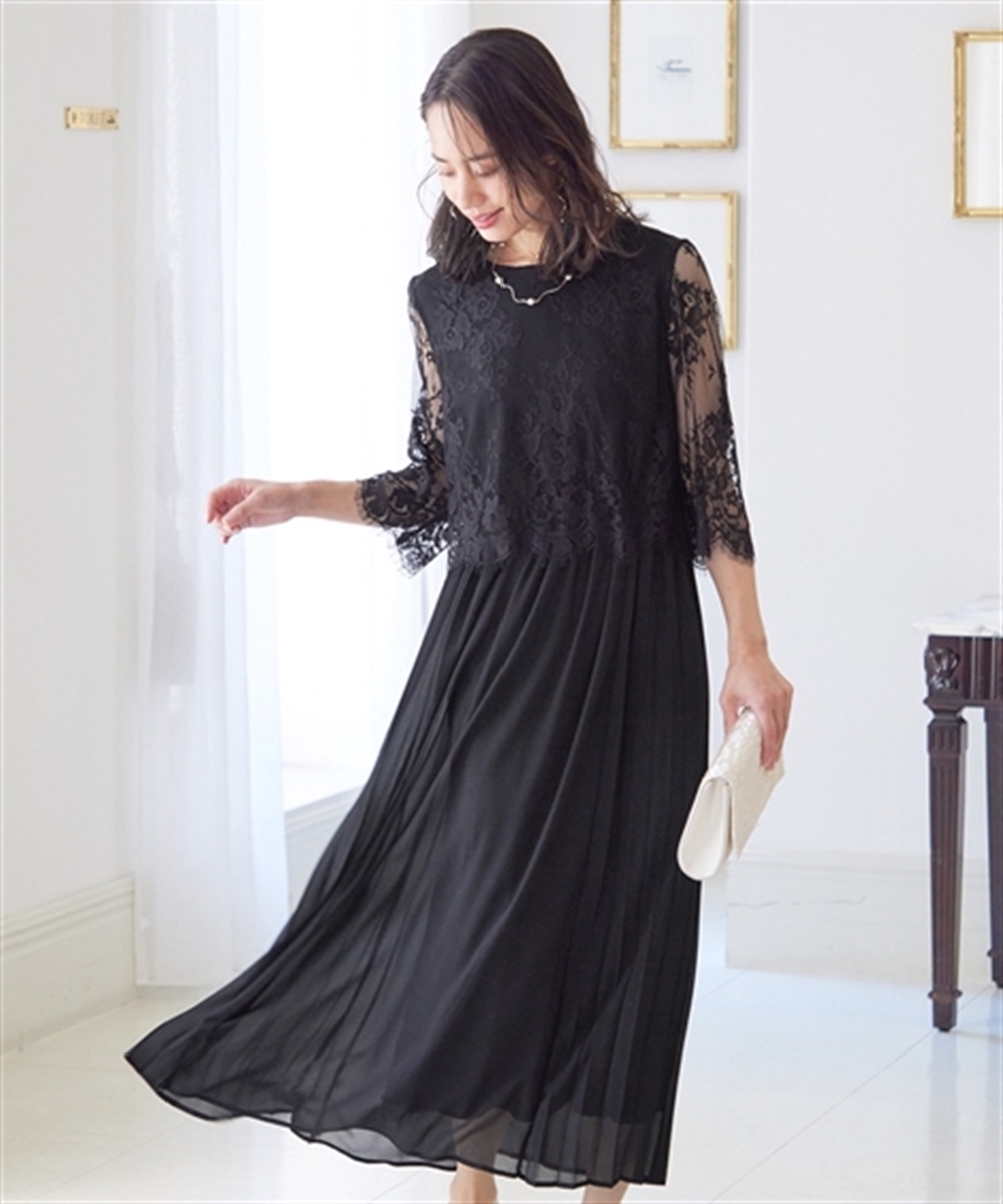 【結婚式・パーティードレス】レース切替サイドプリーツワンピースドレス 大きいサイズ13
