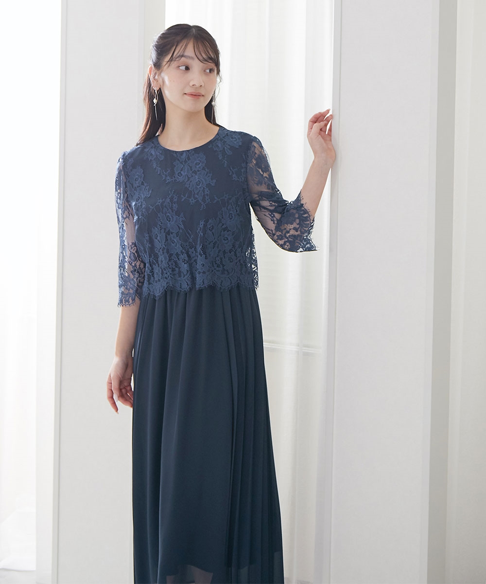 【結婚式・パーティードレス】レース切替サイドプリーツワンピースドレス 大きいサイズ6