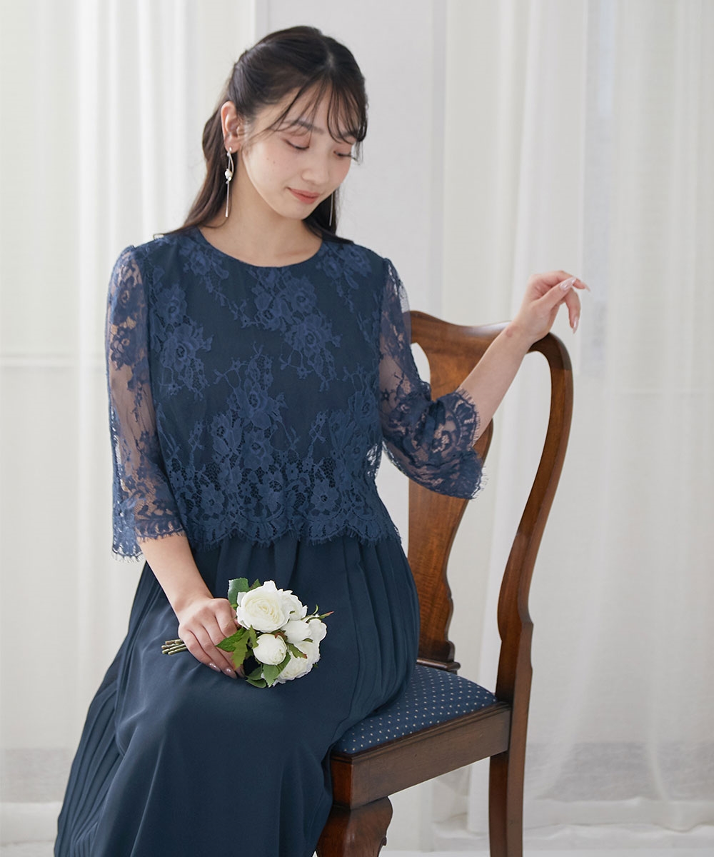 【結婚式・パーティードレス】レース切替サイドプリーツワンピースドレス 大きいサイズ8