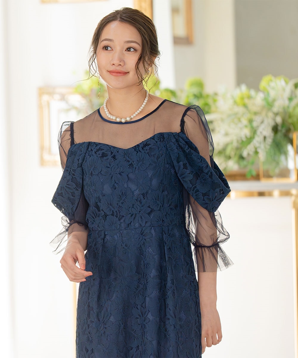 【結婚式・パーティードレス】総レースドレープスリーブワンピースドレス 大きいサイズ11