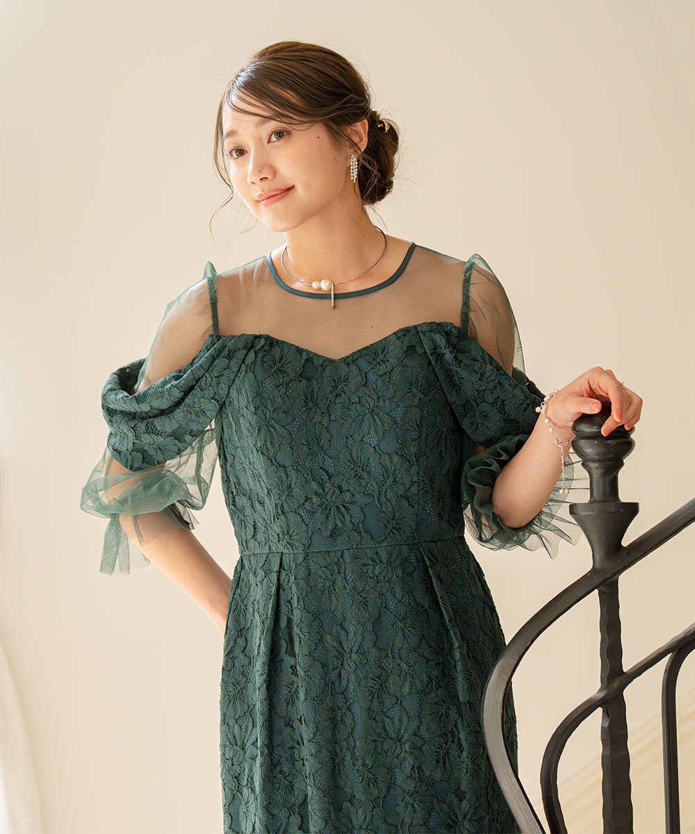 【結婚式・パーティードレス】総レースドレープスリーブワンピースドレス 大きいサイズ4