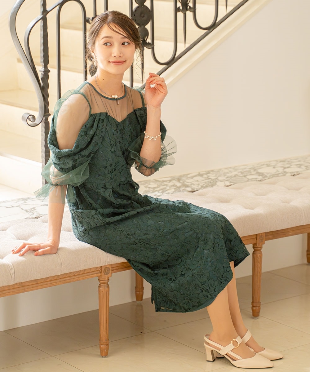 【結婚式・パーティードレス】総レースドレープスリーブワンピースドレス 大きいサイズ5