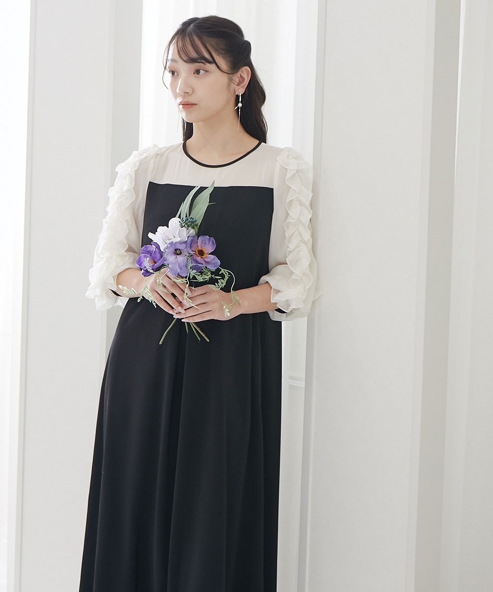【結婚式・パーティードレス】袖フリルAラインワンピースドレス 大きいサイズ12