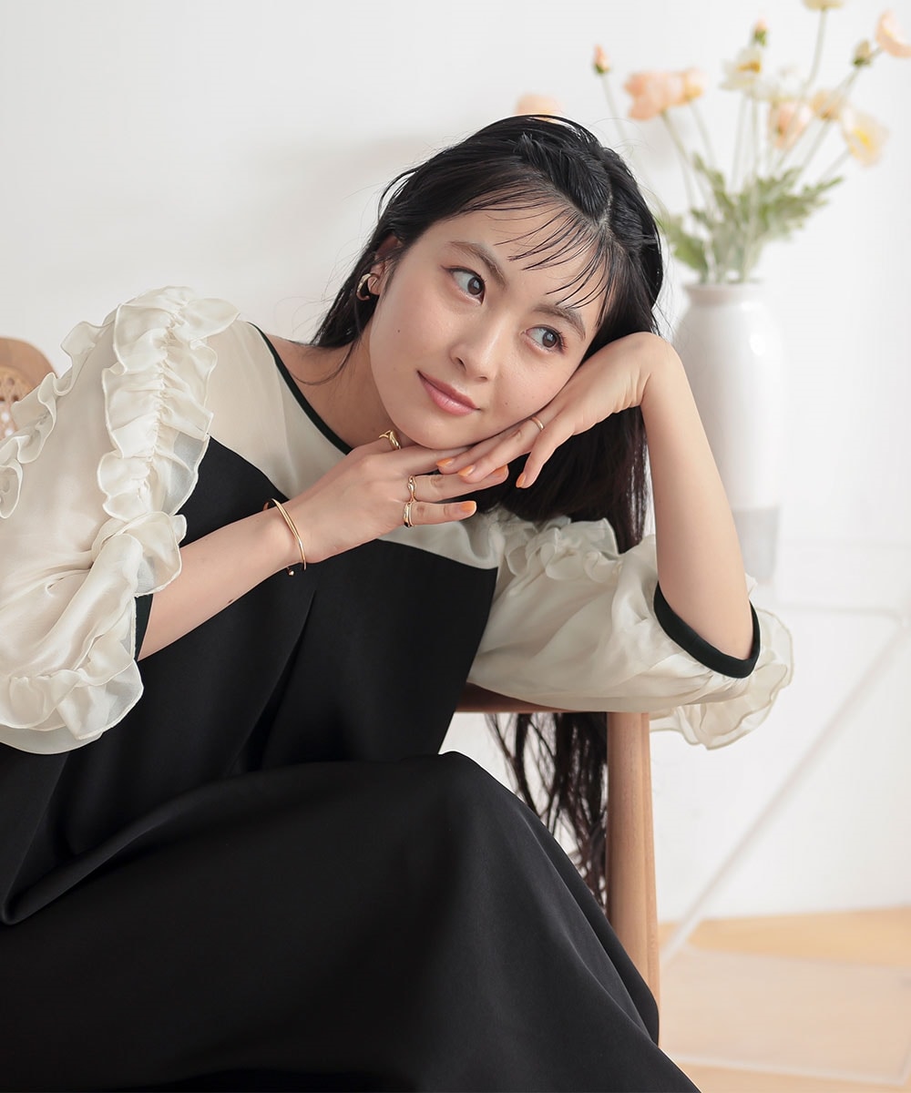 【結婚式・パーティードレス】袖フリルAラインワンピースドレス 大きいサイズ6