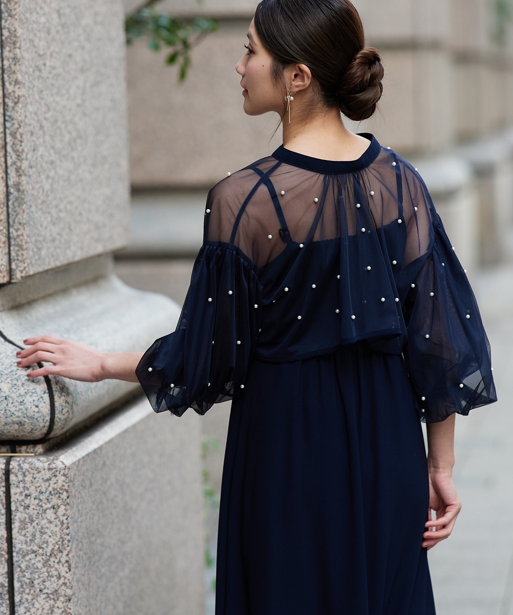 【結婚式・パーティードレス】パール付きチュールボレロ+キャミワンピースドレス 大きいサイズ15