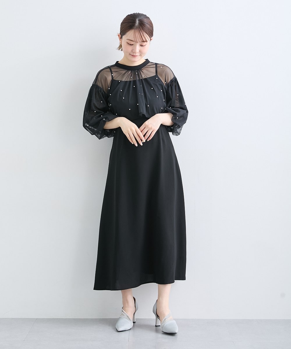 【結婚式・パーティードレス】パール付きチュールボレロ+キャミワンピースドレス 大きいサイズ16