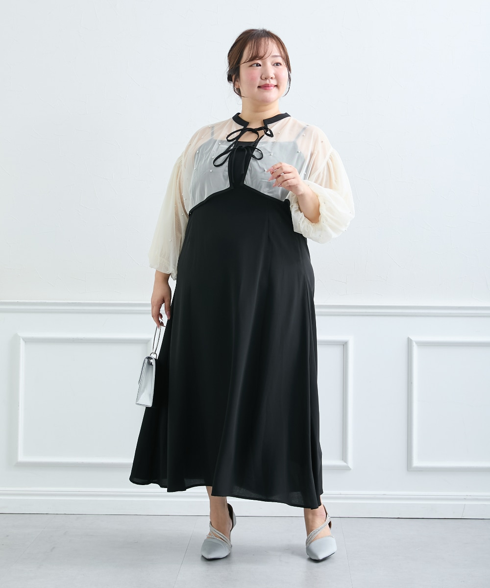 【結婚式・パーティードレス】パール付きチュールボレロ+キャミワンピースドレス 大きいサイズ2
