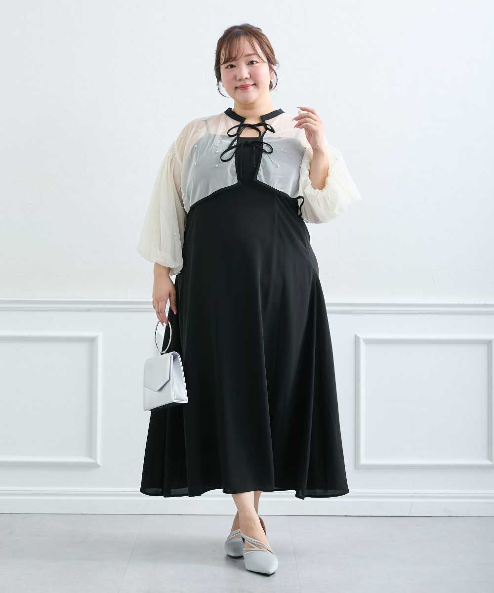 【結婚式・パーティードレス】パール付きチュールボレロ+キャミワンピースドレス 大きいサイズ4