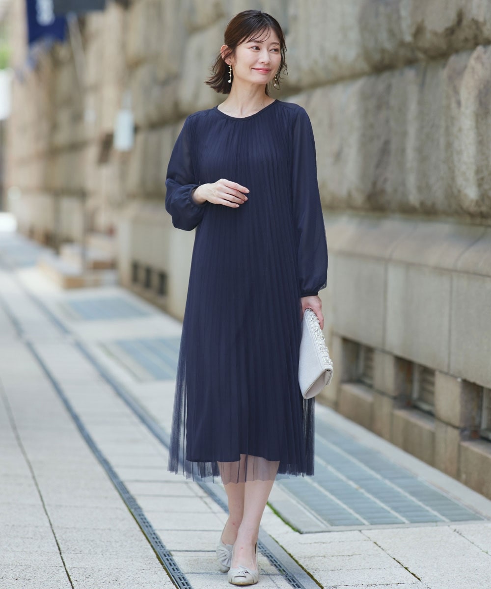 【結婚式・パーティードレス】ウエストリボン付プリーツワンピースドレス 大きいサイズ