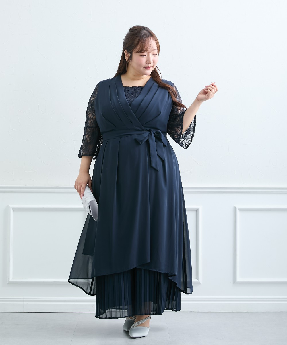 【結婚式・パーティードレス】前開きフィッシュテールワンピース+プリーツパンツセット 大きいサイズ1