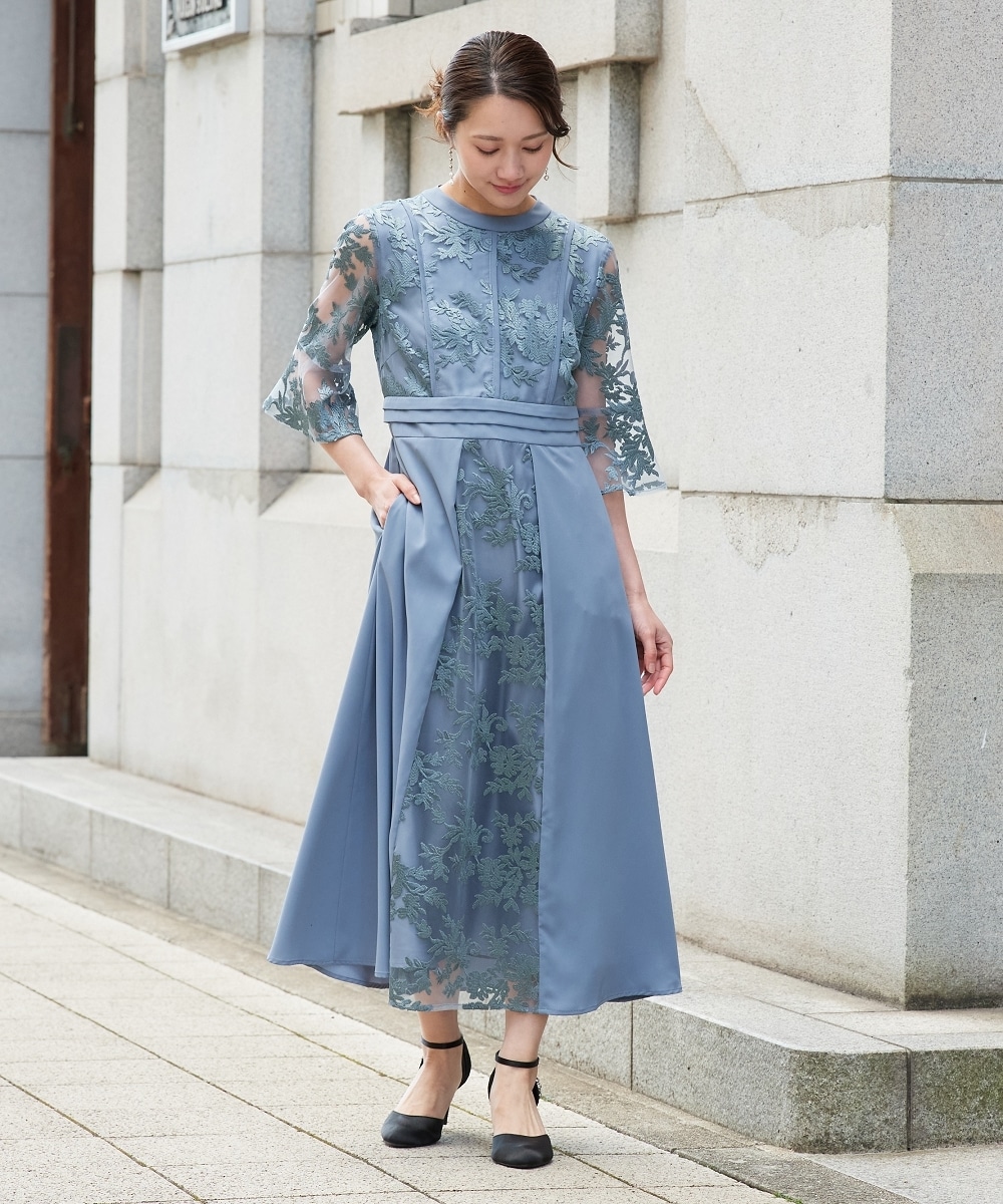 【結婚式・パーティードレス】パイピングデザインチュール刺繍ワンピースドレス 大きいサイズ1